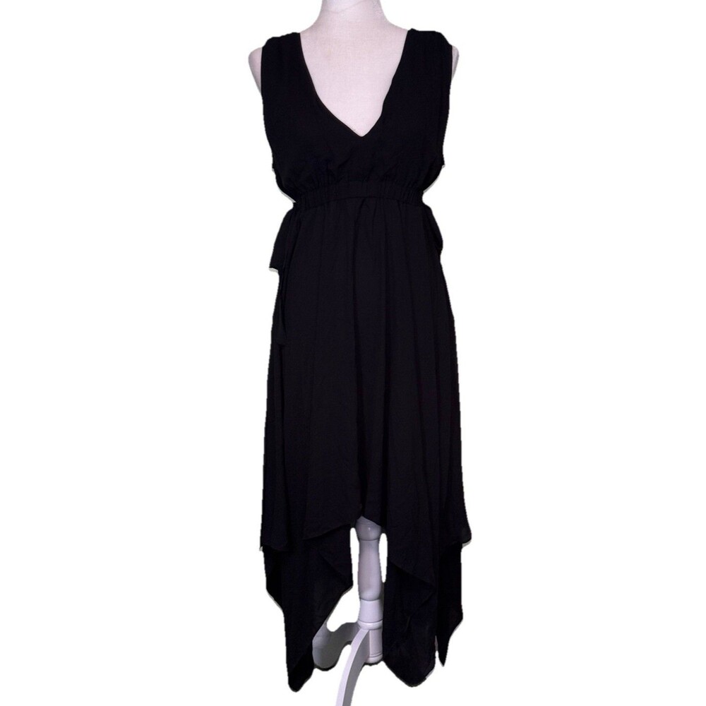 Women Black Sleeveless V Neck Open Back Handkerchief Hem Dress SzM NEW MSRP $228
